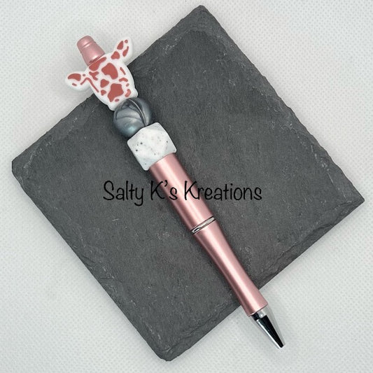 Beaded Pen - Cow - Pink