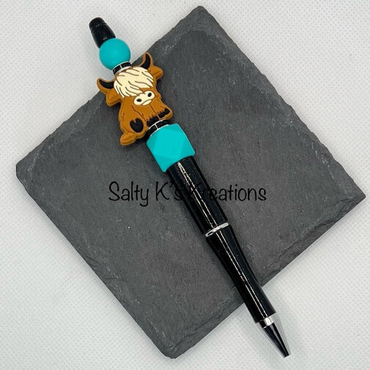 Beaded Pen - Cow - Highland - Brown