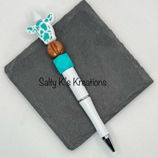 Beaded Pen - Cow - Turquoise
