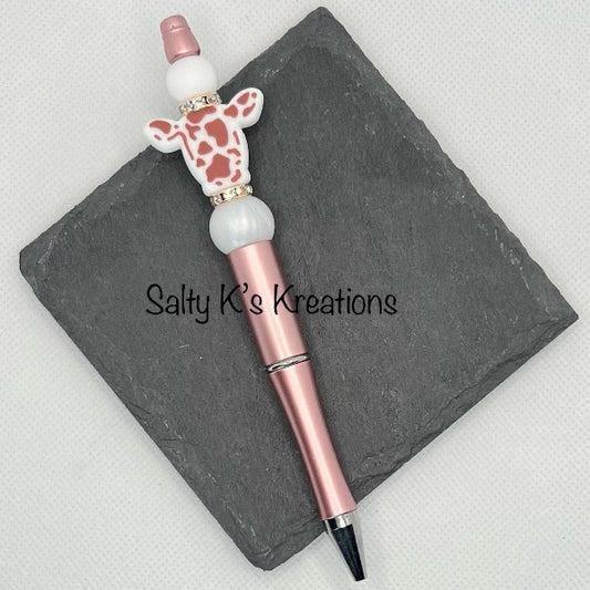 Beaded Pen - Cow - Pink