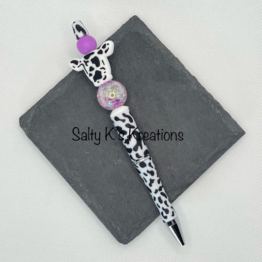 Beaded Pen - Cow - Black